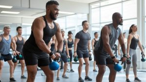 A vibrant, realistic image showing a diverse group of adults performing functional fitness exercises such as kettlebell swings, battle ropes, and bodyweight lunges in a modern, well-lit gym.