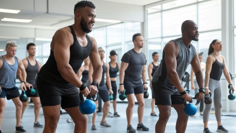 A vibrant, realistic image showing a diverse group of adults performing functional fitness exercises such as kettlebell swings, battle ropes, and bodyweight lunges in a modern, well-lit gym.
