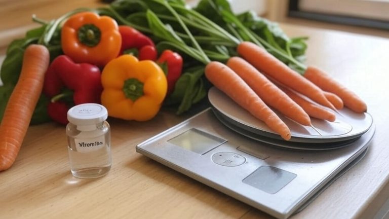 A balanced digital scale next to fresh vegetables and a small, clearly labeled supplement bottle on a minimalist kitchen counter, warm natural lighting.