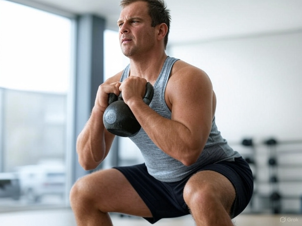 Close-up of someone doing a weighted squat with a kettlebell, illustrating real-life lifting motion.
