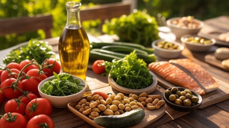 A vibrant overhead view of a rustic wooden table featuring Mediterranean diet foods neatly arranged: fresh vegetables (tomatoes, cucumbers, olives), grilled salmon, olive oil in a glass bottle, leafy greens, and nuts, with warm sunlight creating inviting shadows. The colors are natural and appetizing, reflecting a healthy, balanced lifestyle